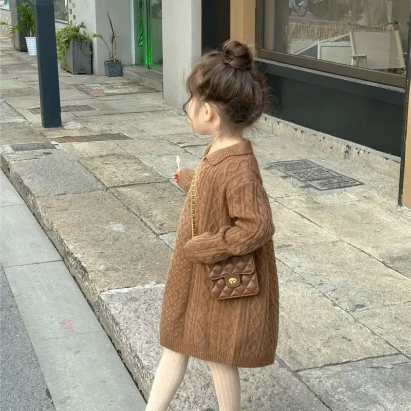 Neue Frühling Winter Baby Mädchen Pink Baumwoll Strickkleid, Warme Casual Kinderbekleidung