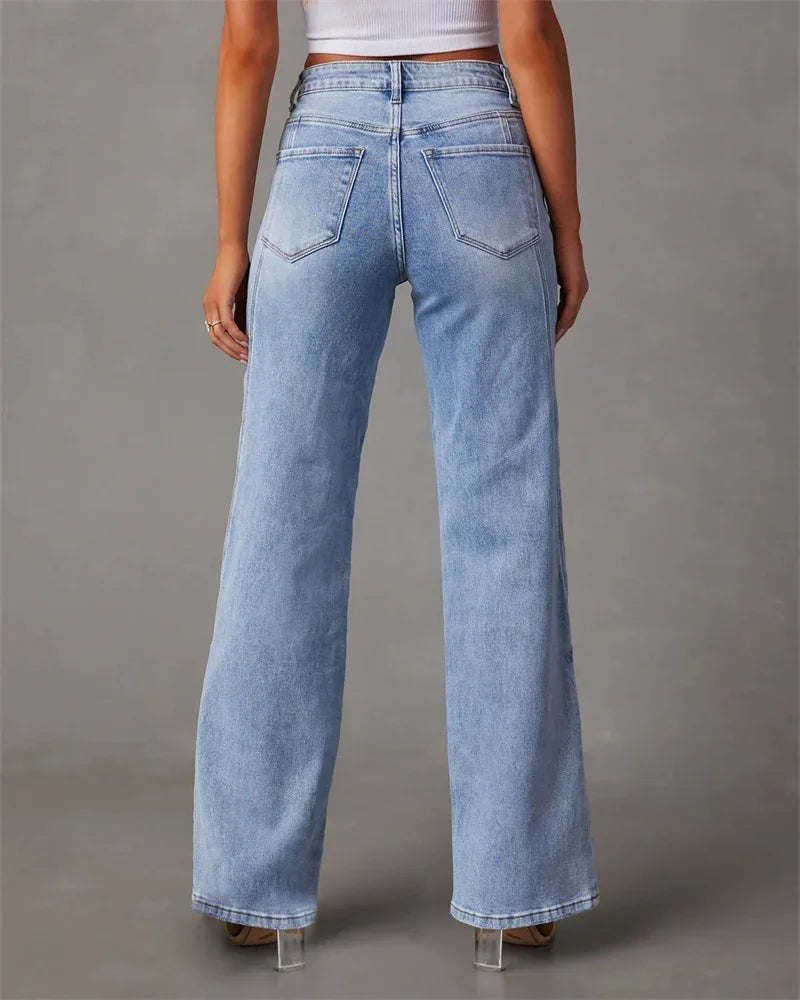 2024 Patchwork Wide-Leg Jeans - Mid-Waist Flared Denim Pants