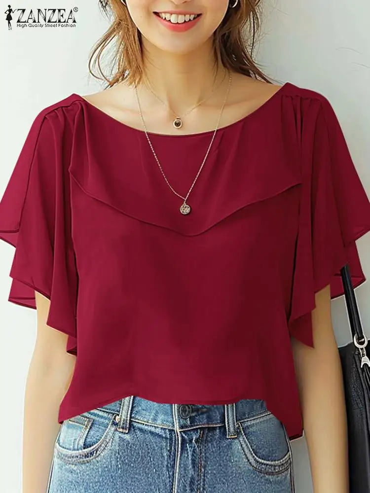 ZANZEA Sommer Chiffon Bluse - Elegantes Rüschenshirt mit kurzen Ärmeln