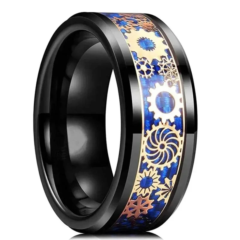 Neue Mode Steampunk Zahnrad Edelstahl Ring – Mit Kohlefaser Einlage, Punk Hochzeitsring für Herren