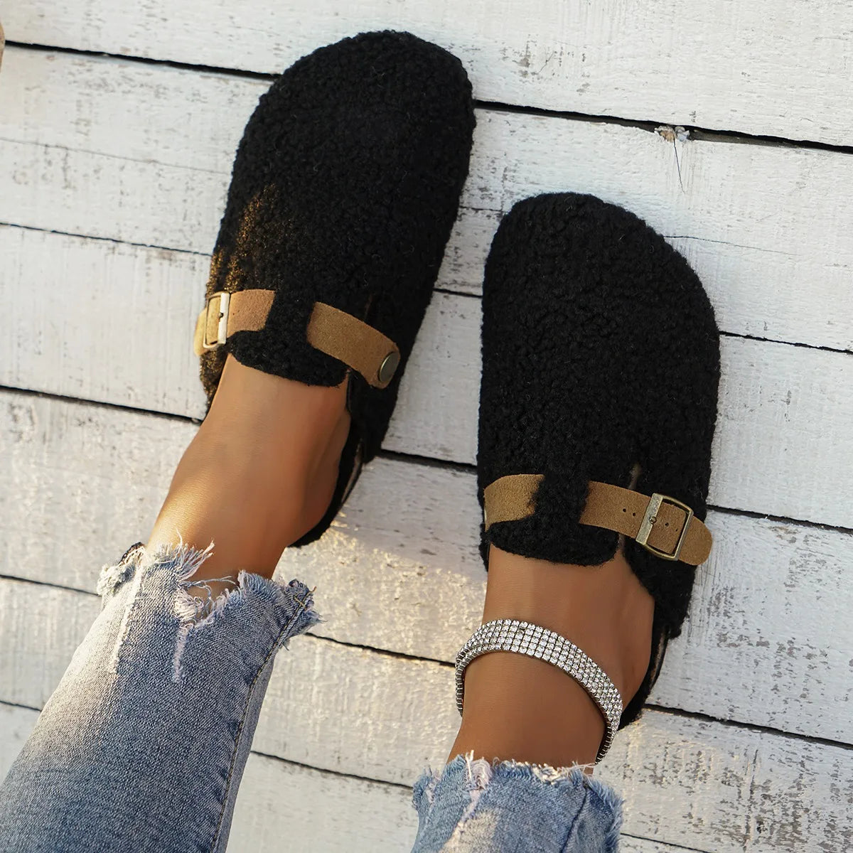 Women’s Fur Mules - Warm Winter Buckle Platform Slippers
