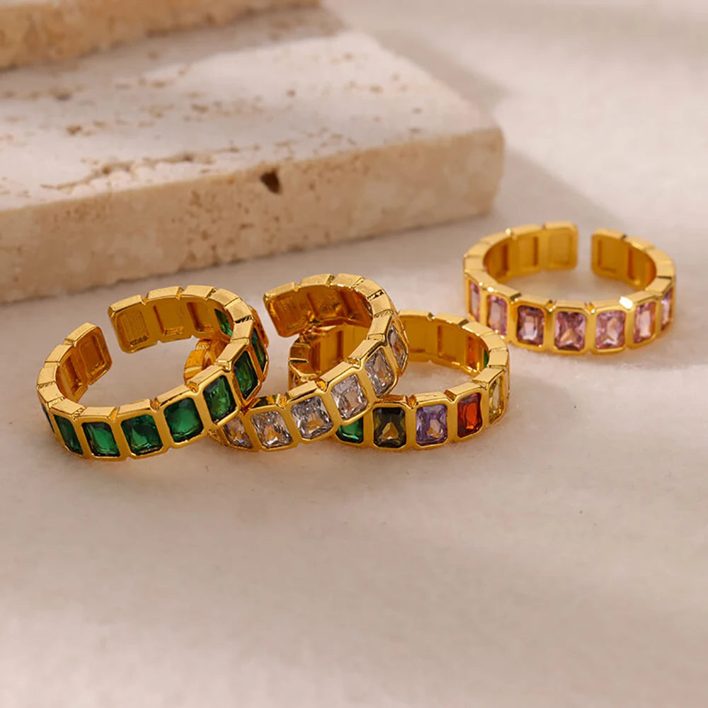 Damen Goldener Offener Ring – Bunter Zirkonia, Vintage Boho Schmuck