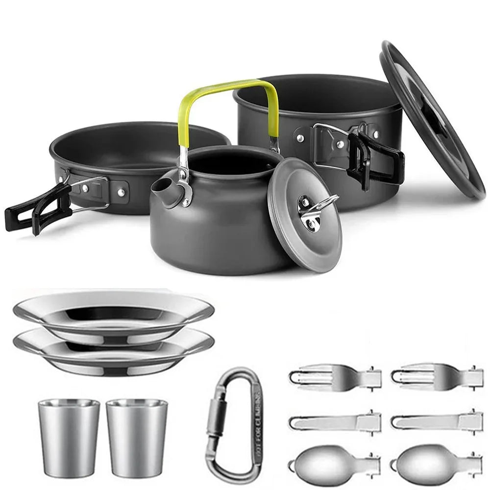 Camping-Kochset – Antihaft-Töpfe, Teekanne und Geschirr für 2-3 Personen, Outdoor-Picknick- und Reiseutensilien
