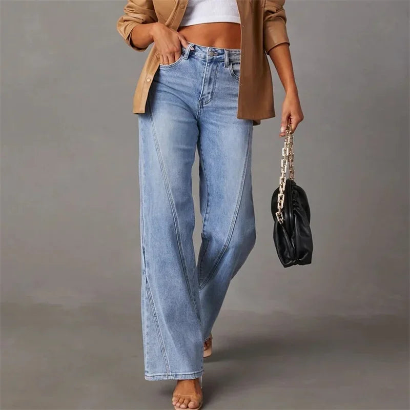 2024 Patchwork Wide-Leg Jeans - Mid-Waist Flared Denim Pants