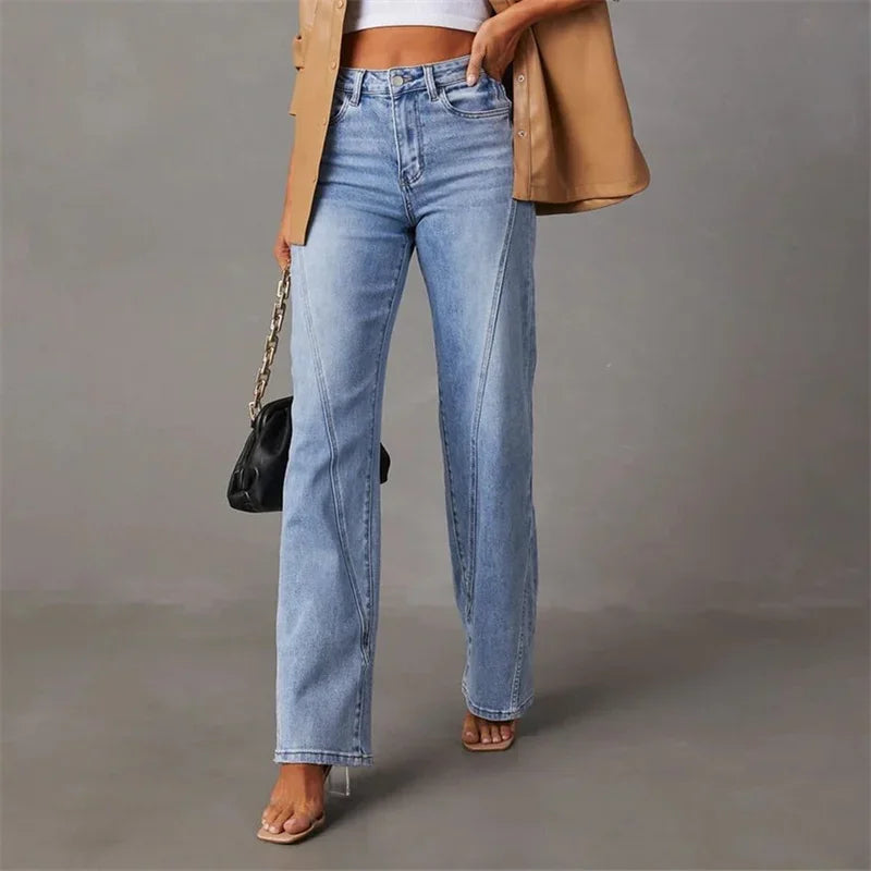 2024 Patchwork Wide-Leg Jeans - Mid-Waist Flared Denim Pants