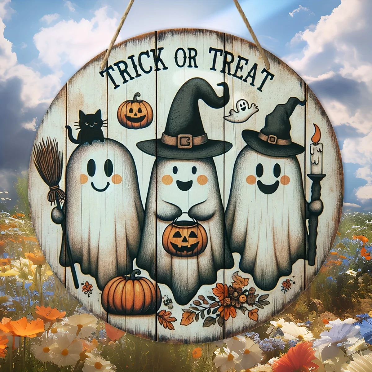 Halloween Türschild aus Holz – Kürbis, schwarze Katze und Fledermäuse Deko