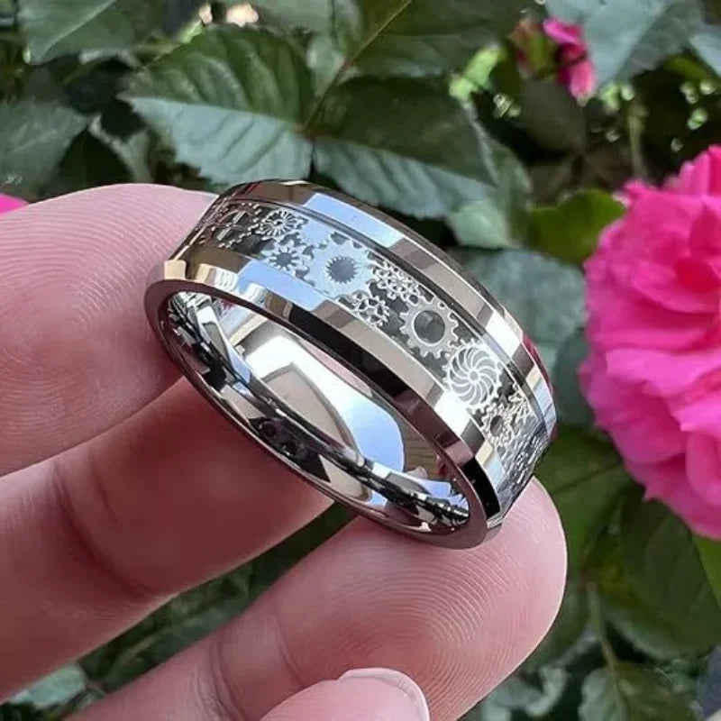 Neue Mode Steampunk Zahnrad Edelstahl Ring – Mit Kohlefaser Einlage, Punk Hochzeitsring für Herren