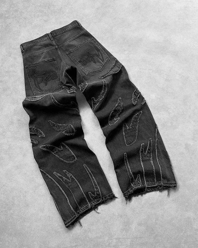Y2K Hip Hop Baggy Jeans Herren Retro Schwarz mit Stickerei