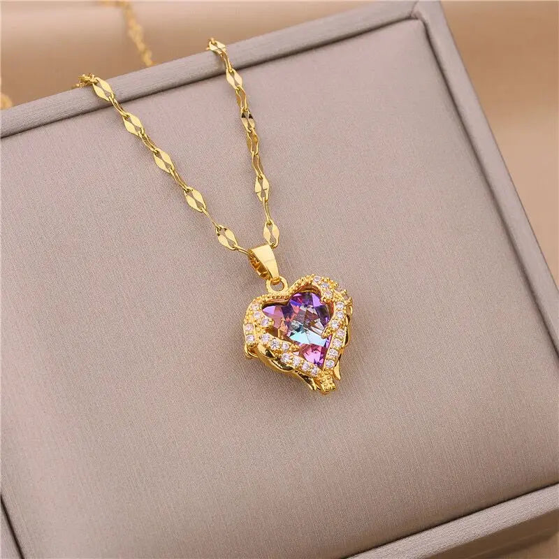 Luxuriöse Ozeanherz-Kristallkette - Bunter Edelstahl-Schmuck