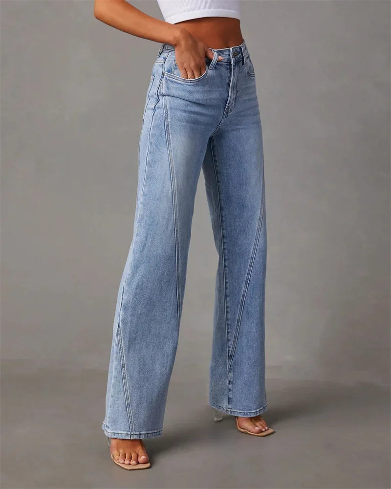 2024 Patchwork Wide-Leg Jeans - Mid-Waist Flared Denim Pants