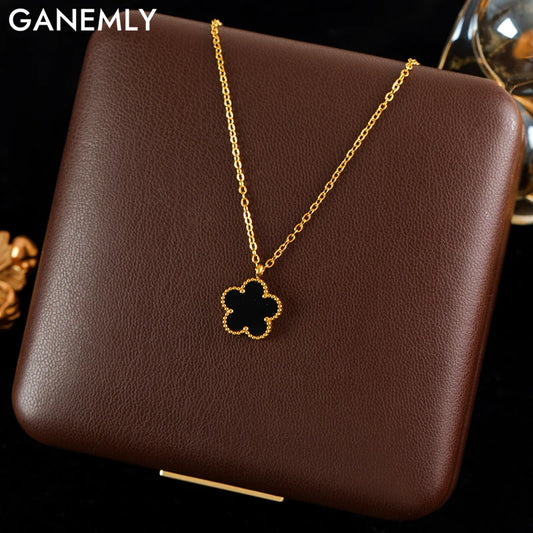 GANEMLY 316L Edelstahl Schwarzes Kleeblatt Anhänger Necklace - Wasserfest Mode Schmuck