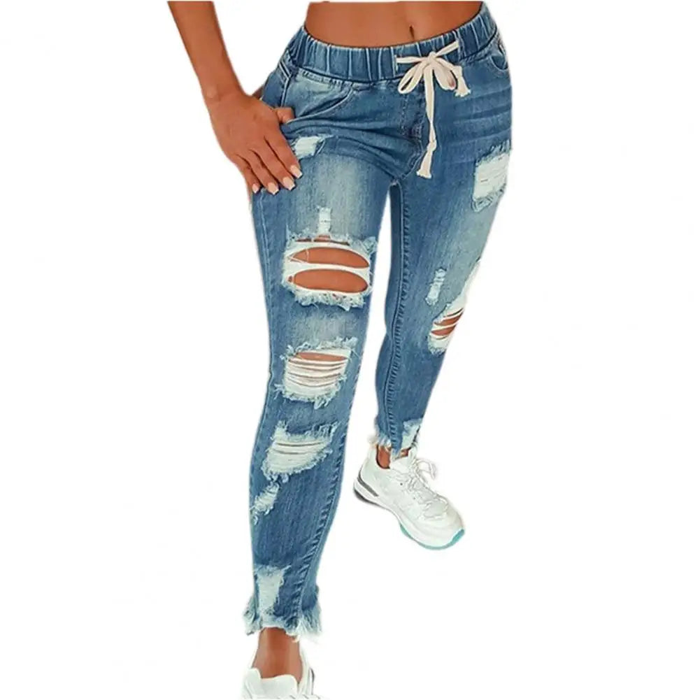 Damen Stretch-Jeans mit Rissen – High-Waist Gerade Denim Hose für Streetwear 2024