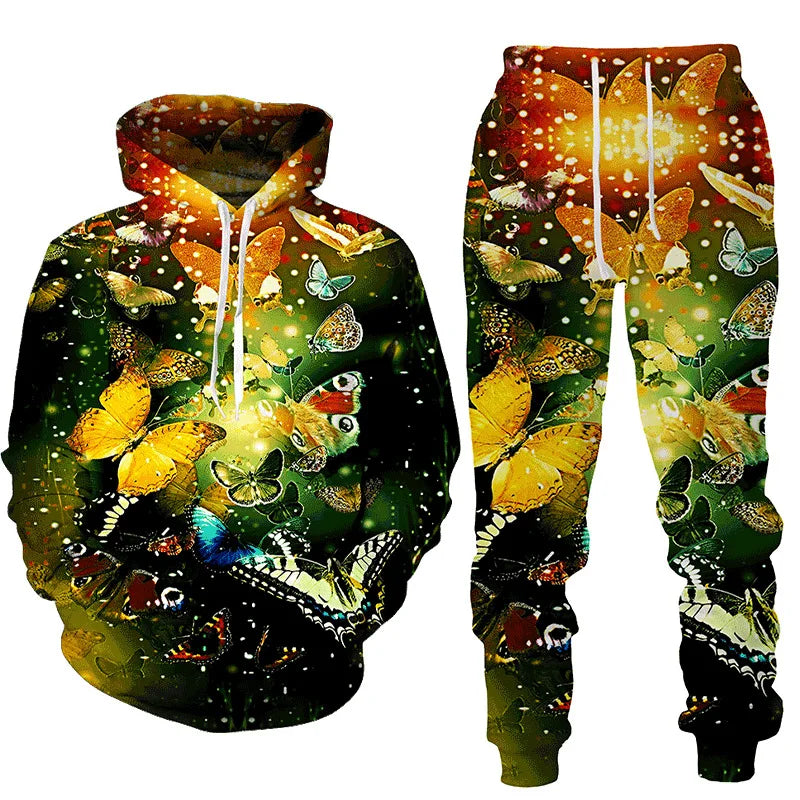 3D Schmetterling-Print Trainingsanzug – Unisex Hoodie & Hosen-Set. Oversized Casual-Style für den Herbst