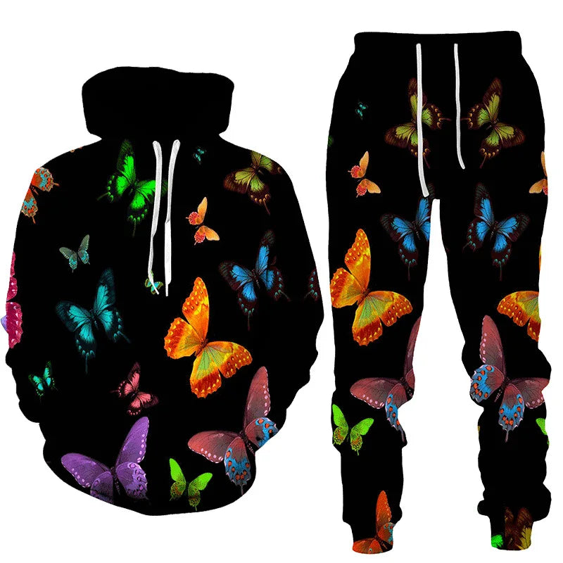 3D Schmetterling-Print Trainingsanzug – Unisex Hoodie & Hosen-Set. Oversized Casual-Style für den Herbst