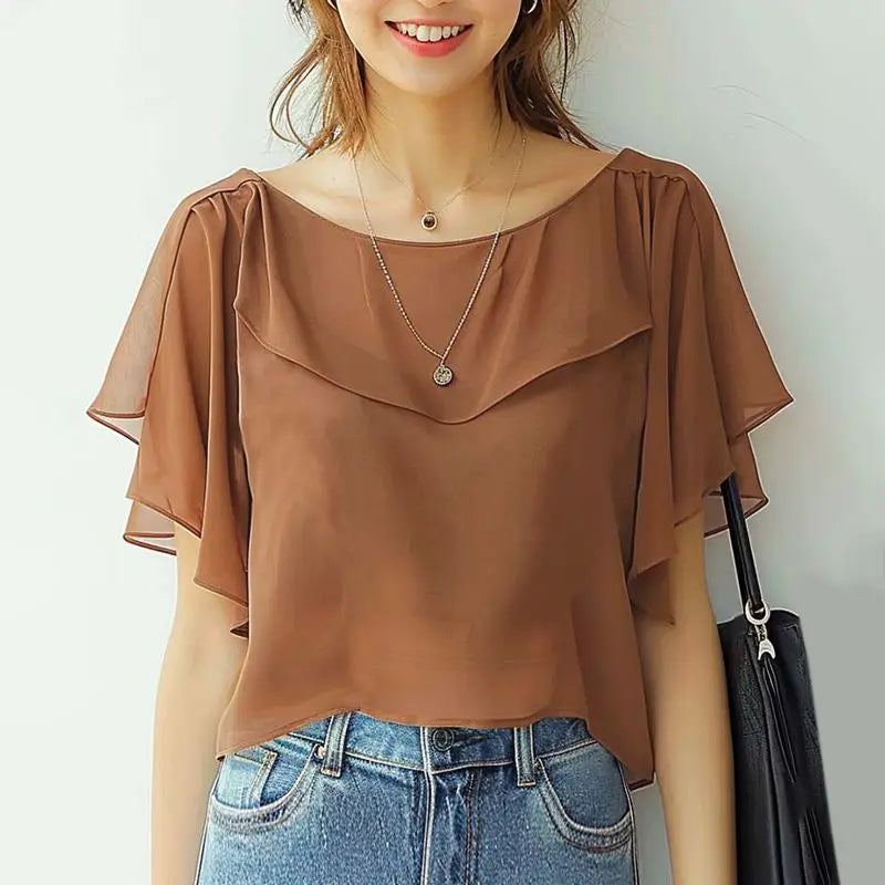 ZANZEA Sommer Chiffon Bluse - Elegantes Rüschenshirt mit kurzen Ärmeln