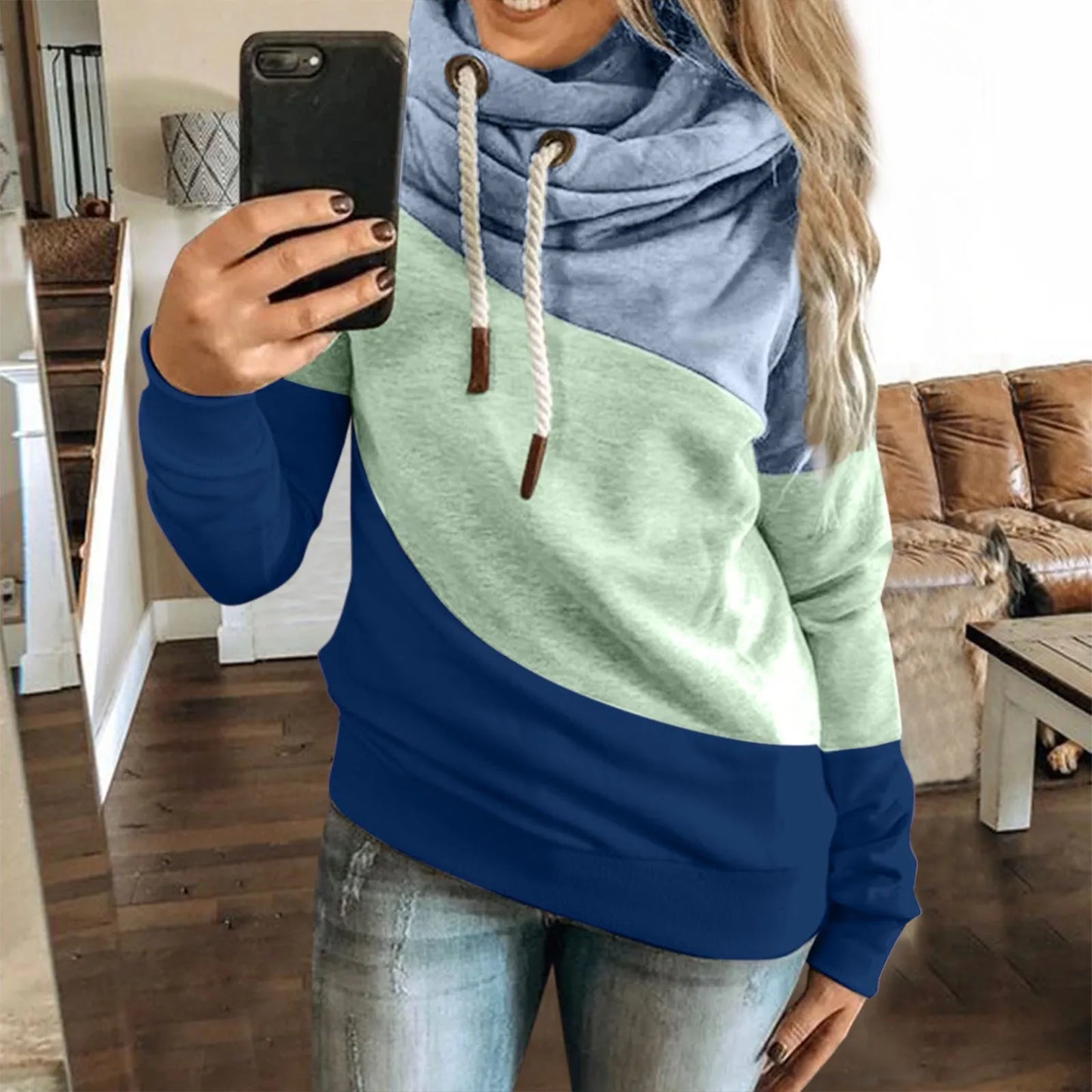 Herbst Hoodie für Damen - Drei-Farben-Stitching, Kordelzug, Lange Ärmel