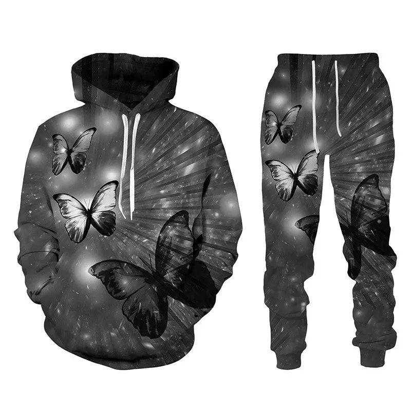 3D Schmetterling-Print Trainingsanzug – Unisex Hoodie & Hosen-Set. Oversized Casual-Style für den Herbst