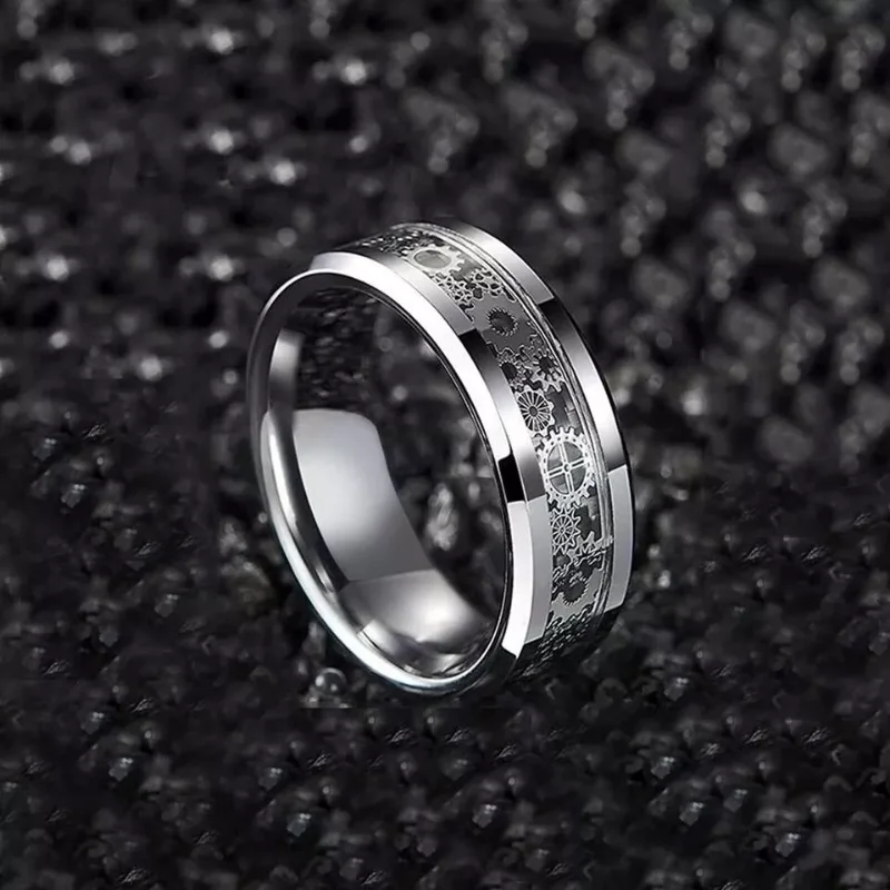 Neue Mode Steampunk Zahnrad Edelstahl Ring – Mit Kohlefaser Einlage, Punk Hochzeitsring für Herren