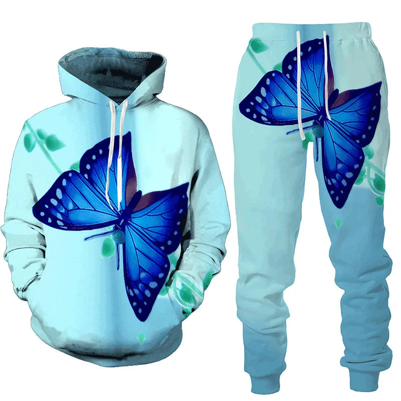 3D Schmetterling-Print Trainingsanzug – Unisex Hoodie & Hosen-Set. Oversized Casual-Style für den Herbst
