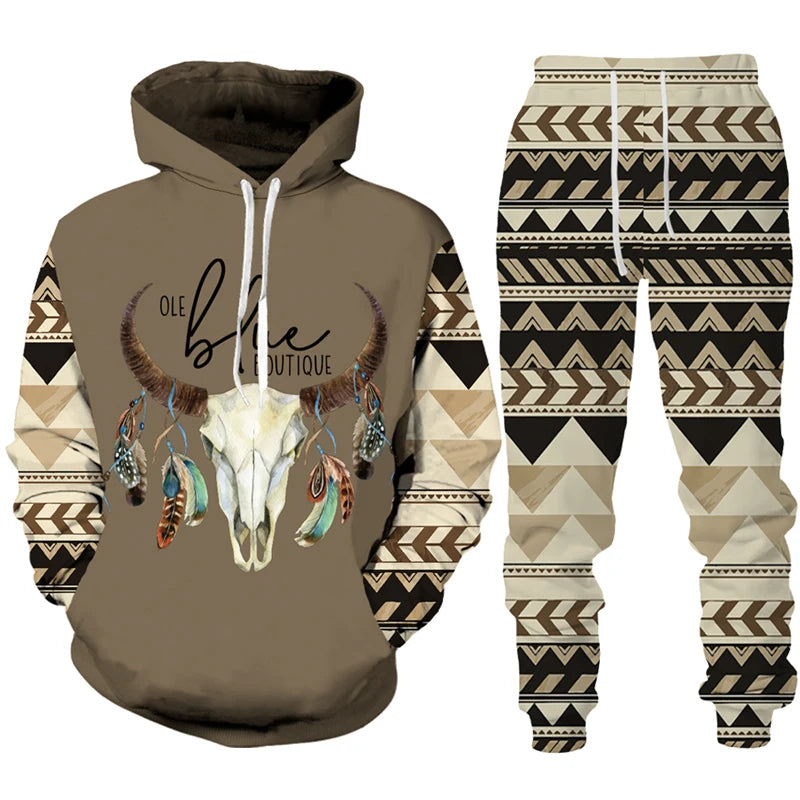 Vintage Kuhmuster Trainingsanzug: Hoodie & Hose Western Streetwear Set