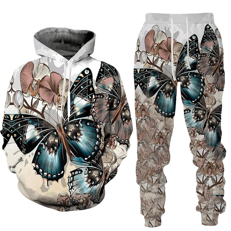 3D Schmetterling-Print Trainingsanzug – Unisex Hoodie & Hosen-Set. Oversized Casual-Style für den Herbst