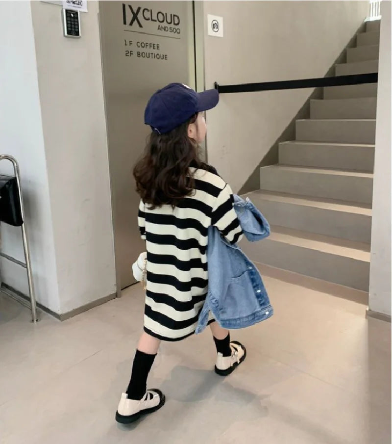 Gestreiftes Poloshirt-Kleid für Mädchen – Langarm-Casual-Mode für Herbst/Frühling (1-10 Jahre)