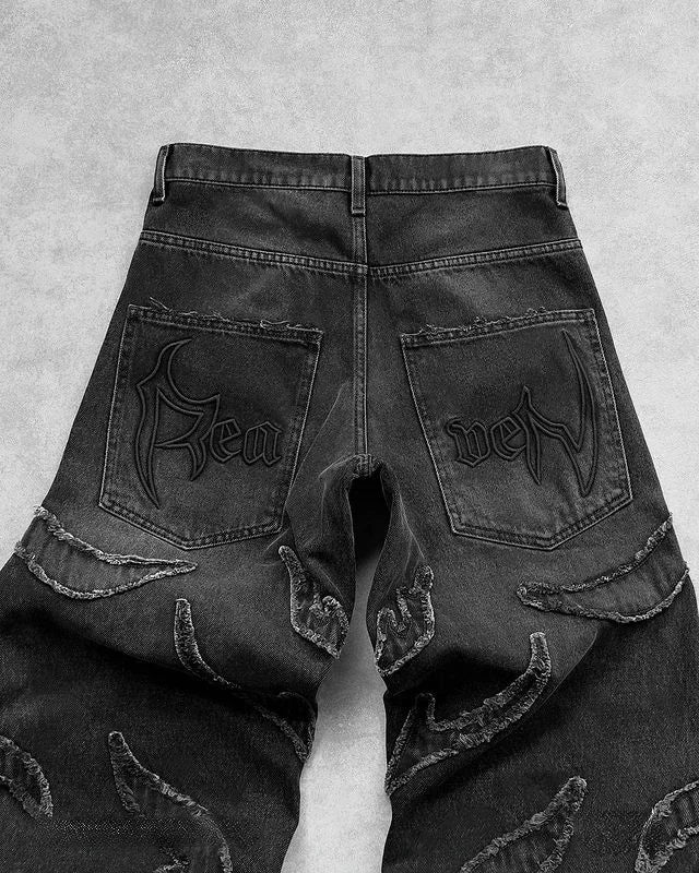 Y2K Hip Hop Baggy Jeans Herren Retro Schwarz mit Stickerei