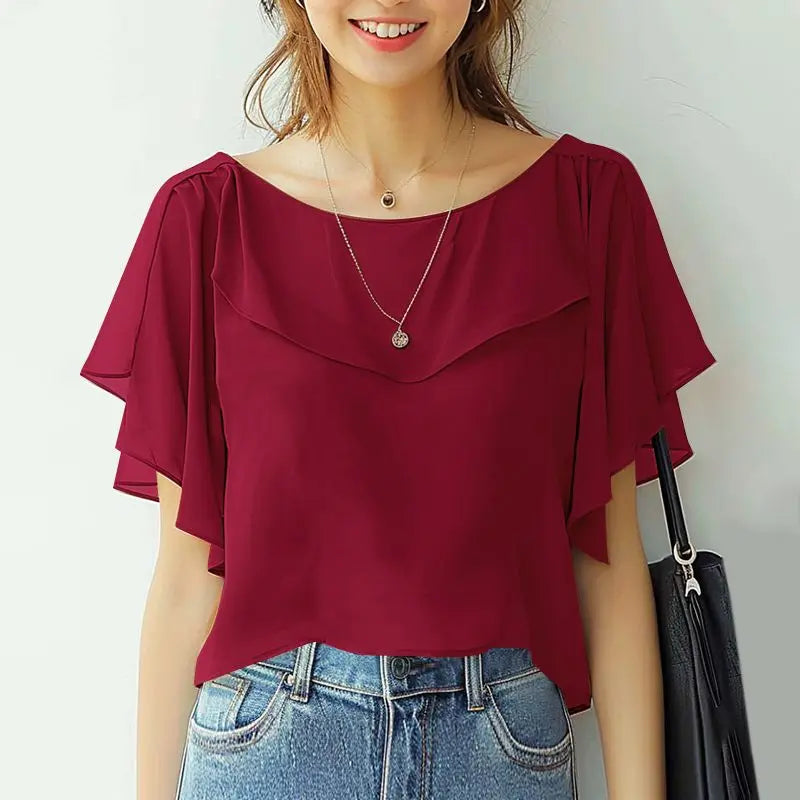 ZANZEA Sommer Chiffon Bluse - Elegantes Rüschenshirt mit kurzen Ärmeln