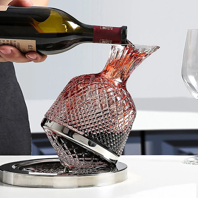 Hochwertiger Kristallglas 360° Rotierender Dekanter – 1500ml Weindekanter mit Belüfter, Spiegelkanne als Geschenk & Bar Dekoration