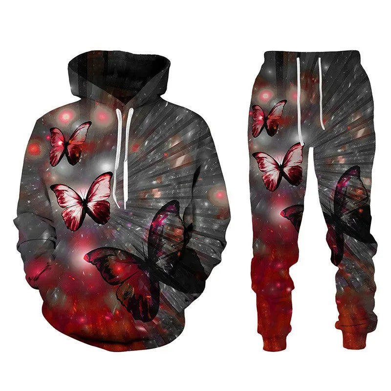 3D Schmetterling-Print Trainingsanzug – Unisex Hoodie & Hosen-Set. Oversized Casual-Style für den Herbst