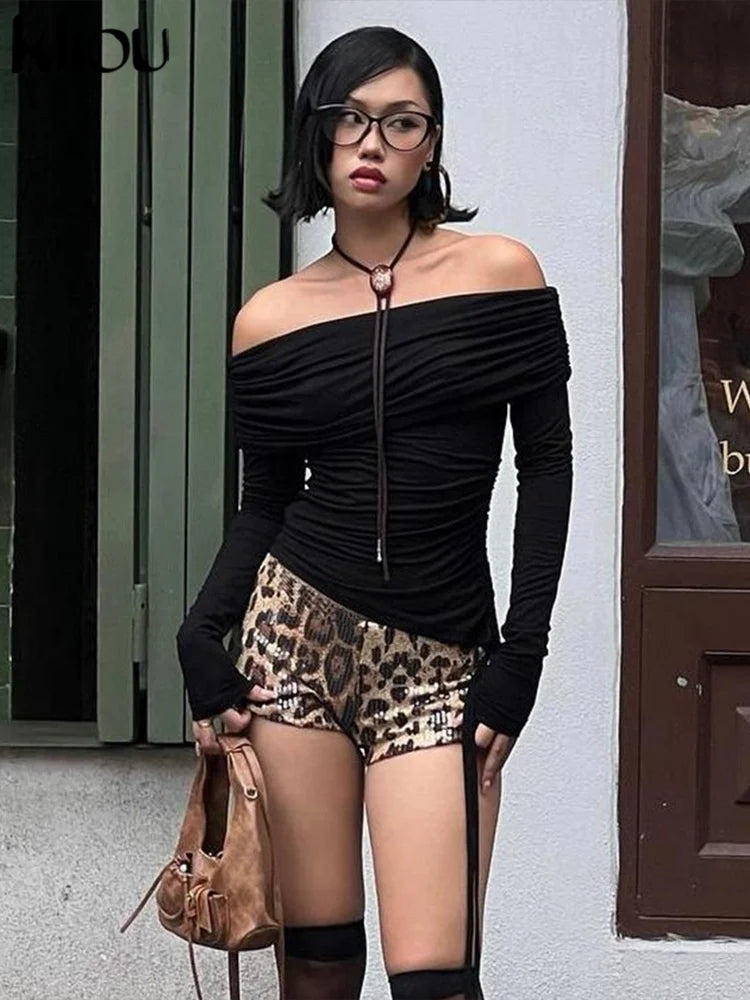 Kliou Pailletten Glänzende Damen Shorts – Hohe Taille Leopard Druck Body-Shaping Mini Shorts für Streetwear