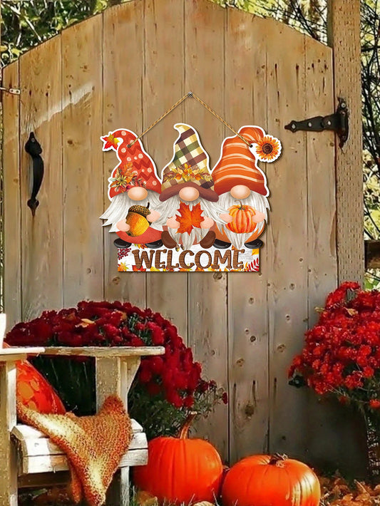 Herbst Gnome Willkommen-Schild – Rustikales Holzornament mit Ahornblättern und Kürbissen