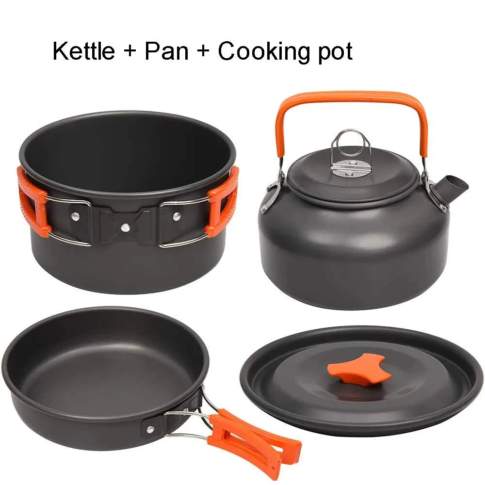 Camping-Kochset – Antihaft-Töpfe, Teekanne und Geschirr für 2-3 Personen, Outdoor-Picknick- und Reiseutensilien