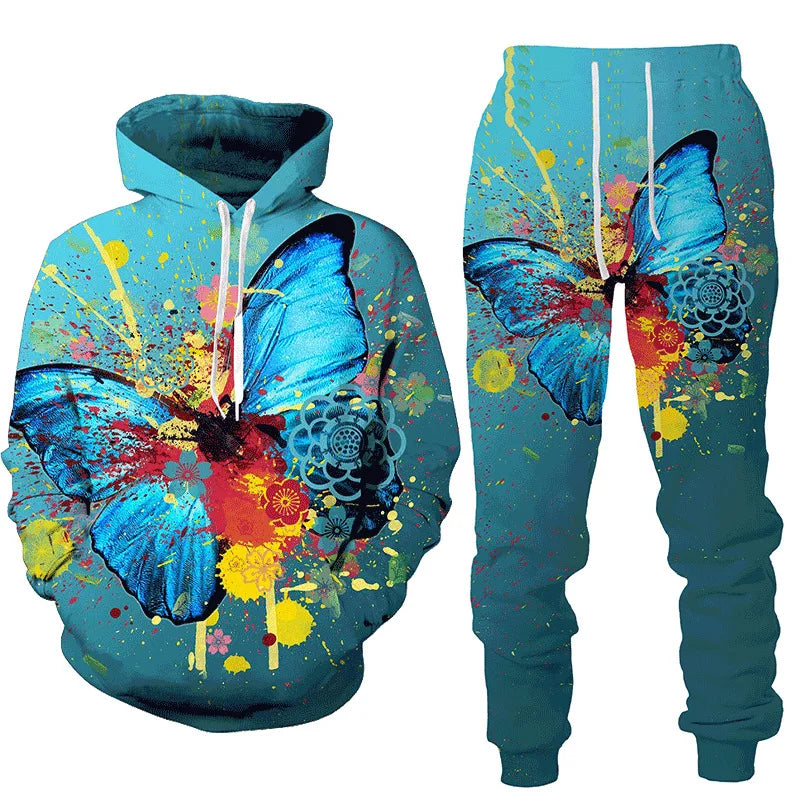 3D Schmetterling-Print Trainingsanzug – Unisex Hoodie & Hosen-Set. Oversized Casual-Style für den Herbst