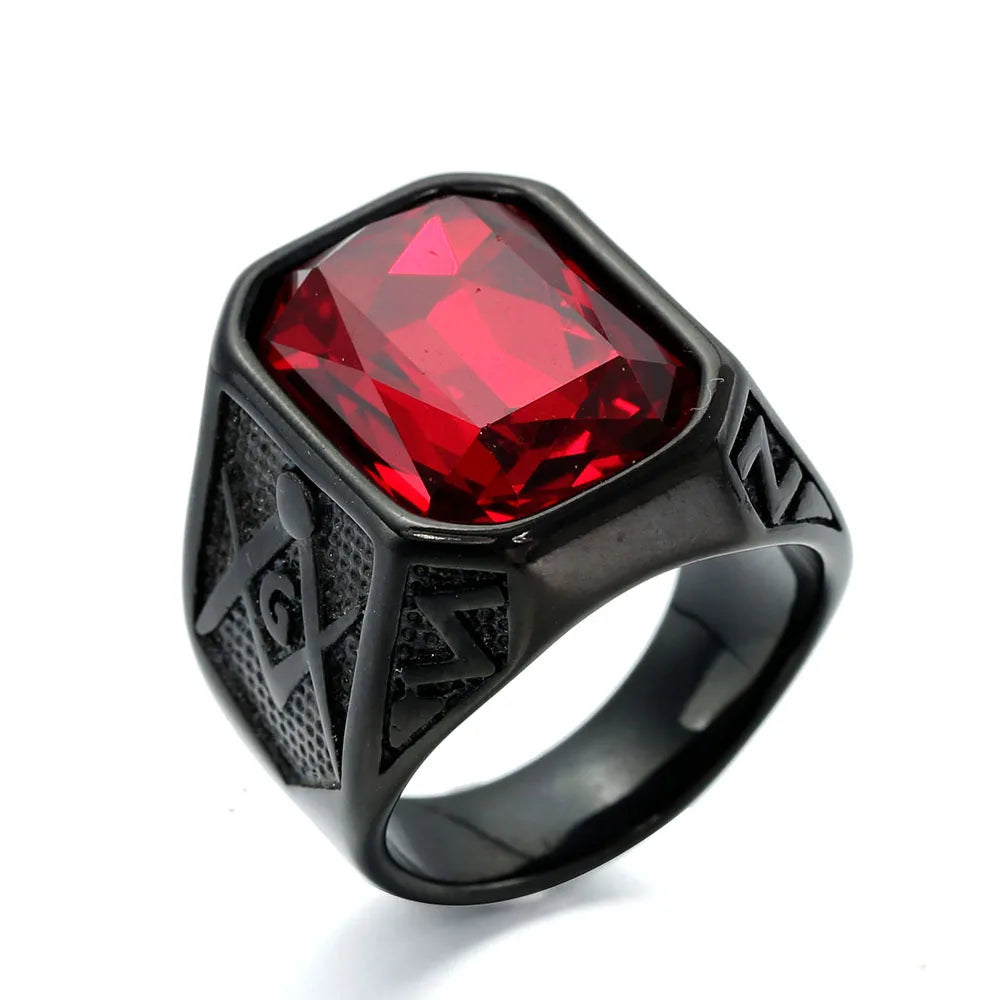 HNSP 316L Edelstahl Freimaurer-Ring, rotes Kristallstein-Design, Herrenschmuck