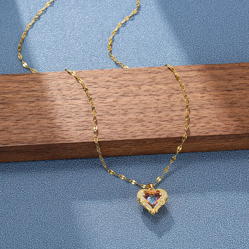Luxuriöse Ozeanherz-Kristallkette - Bunter Edelstahl-Schmuck