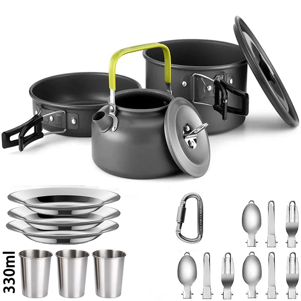 Camping-Kochset – Antihaft-Töpfe, Teekanne und Geschirr für 2-3 Personen, Outdoor-Picknick- und Reiseutensilien