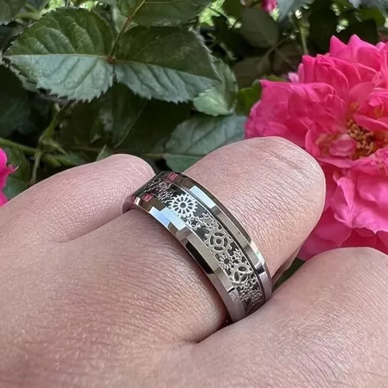 Neue Mode Steampunk Zahnrad Edelstahl Ring – Mit Kohlefaser Einlage, Punk Hochzeitsring für Herren