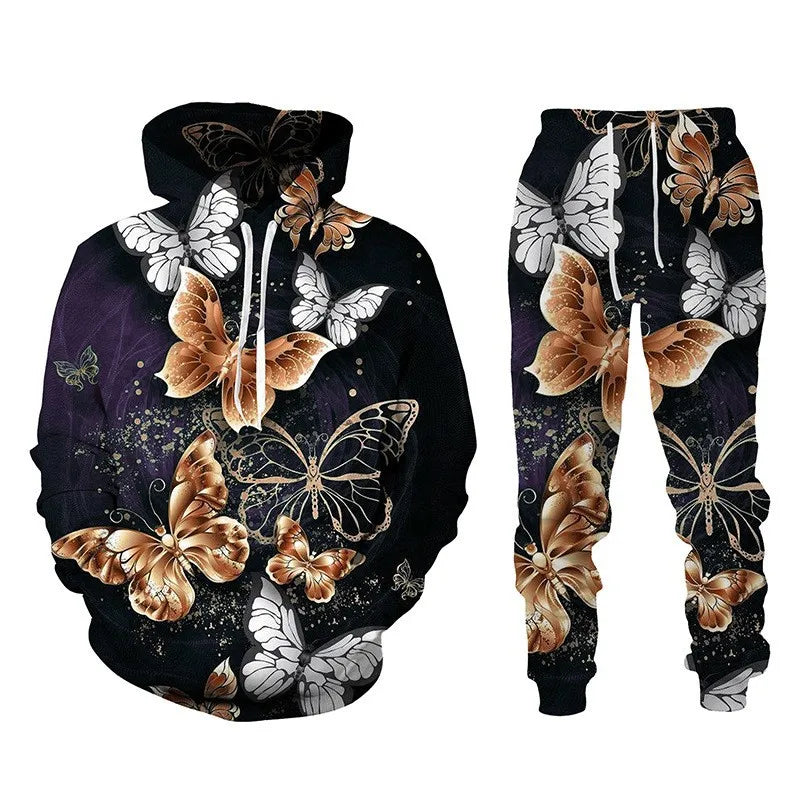 3D Schmetterling-Print Trainingsanzug – Unisex Hoodie & Hosen-Set. Oversized Casual-Style für den Herbst