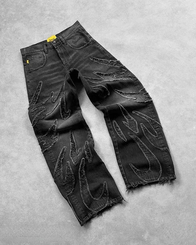 Y2K Hip Hop Baggy Jeans Herren Retro Schwarz mit Stickerei
