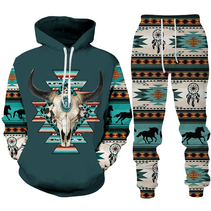 Vintage Kuhmuster Trainingsanzug: Hoodie & Hose Western Streetwear Set