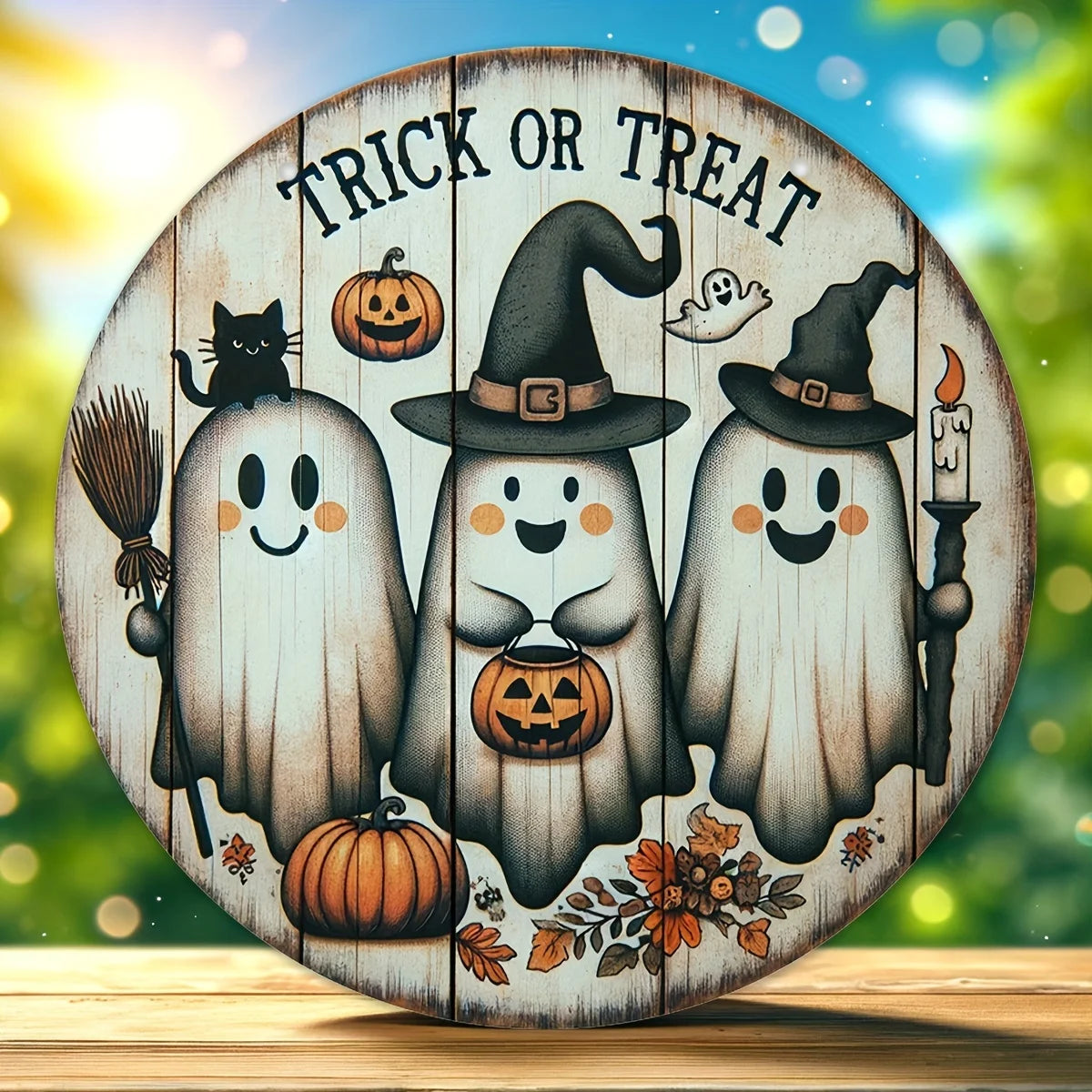 Halloween Türschild aus Holz – Kürbis, schwarze Katze und Fledermäuse Deko
