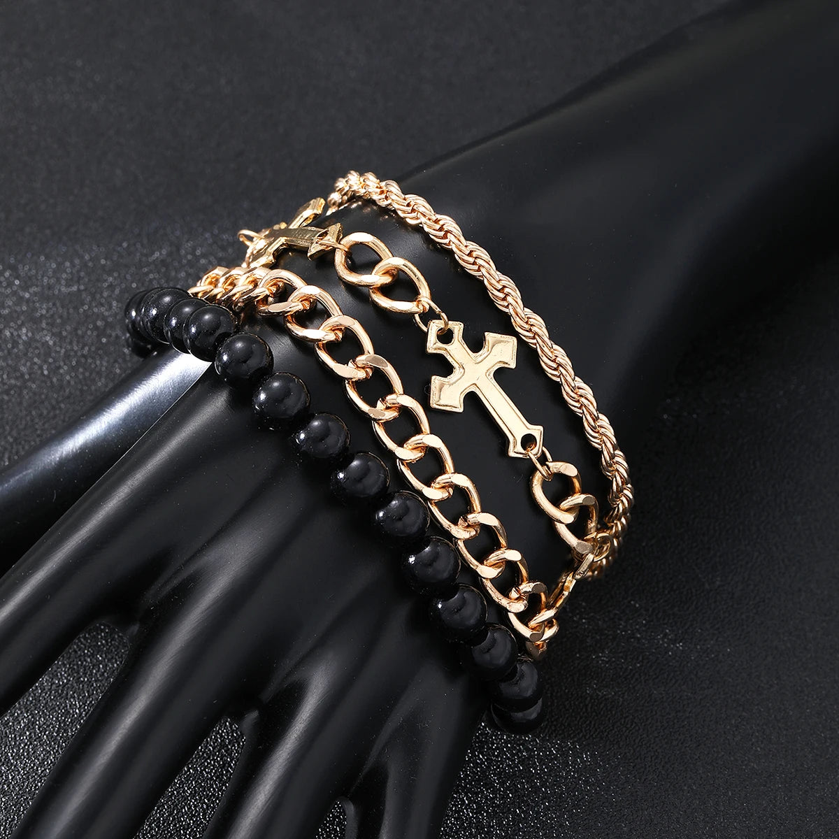 4-teiliges Punk Gold Kreuz Armband Set – Schwarze Perlen & Elegante Kette