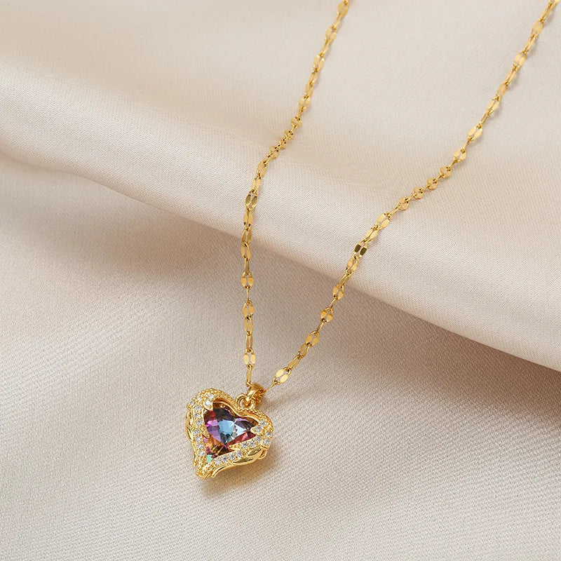 Luxuriöse Ozeanherz-Kristallkette - Bunter Edelstahl-Schmuck