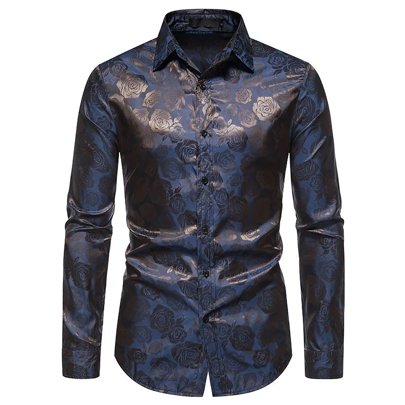 Vintage Herren Hemd Langarm Floral Satin Retro Slim Fit