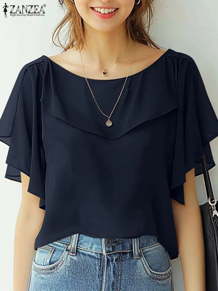 ZANZEA Sommer Chiffon Bluse - Elegantes Rüschenshirt mit kurzen Ärmeln