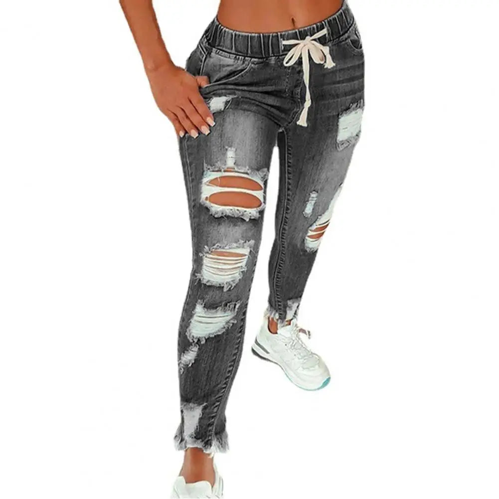 Damen Stretch-Jeans mit Rissen – High-Waist Gerade Denim Hose für Streetwear 2024