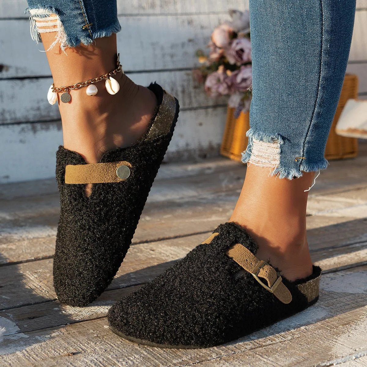 Women’s Fur Mules - Warm Winter Buckle Platform Slippers