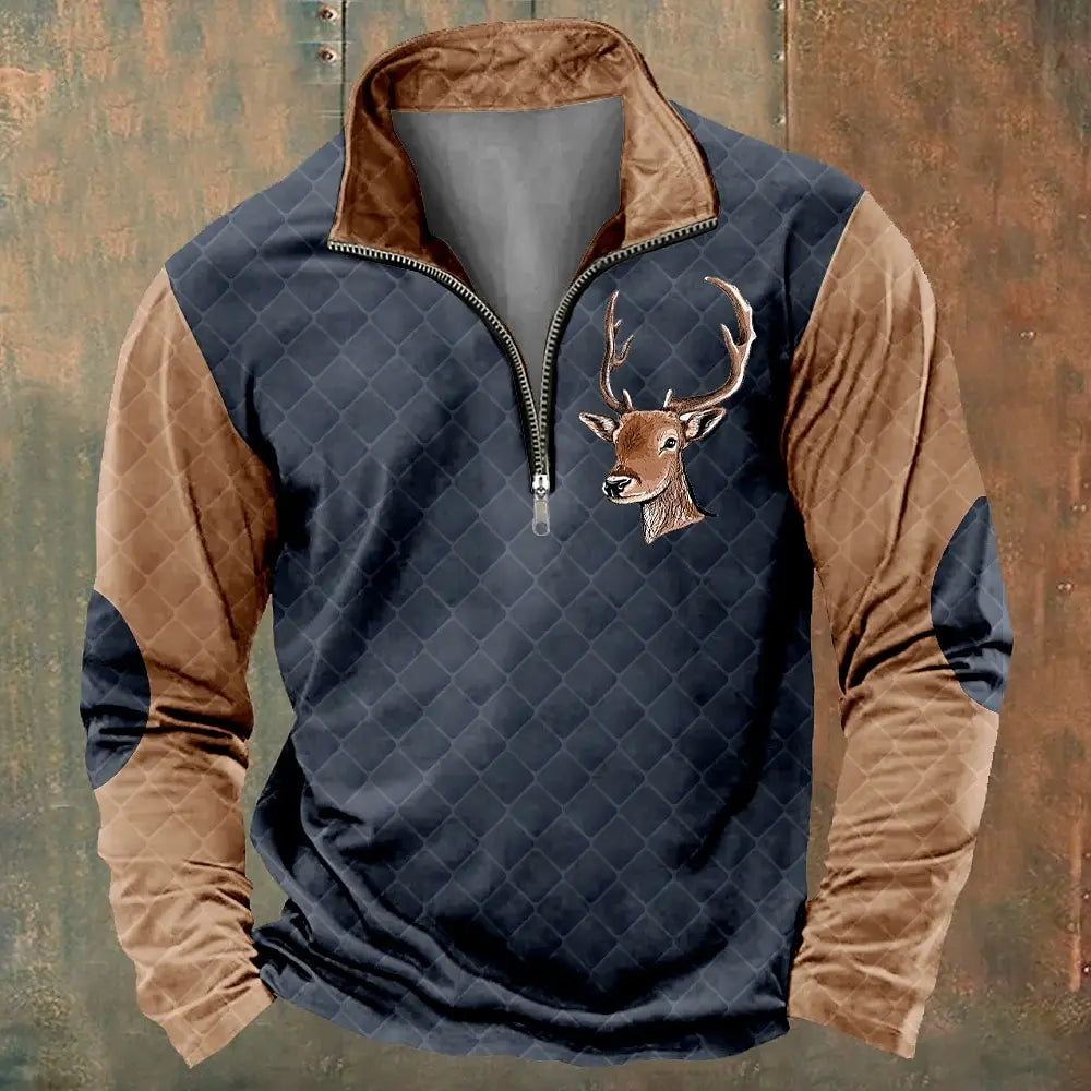 Lustiges 3D Elch Druck Half-Zip Sweatshirt – Stehkragen, Lockerer Langarm Pullover für Herren