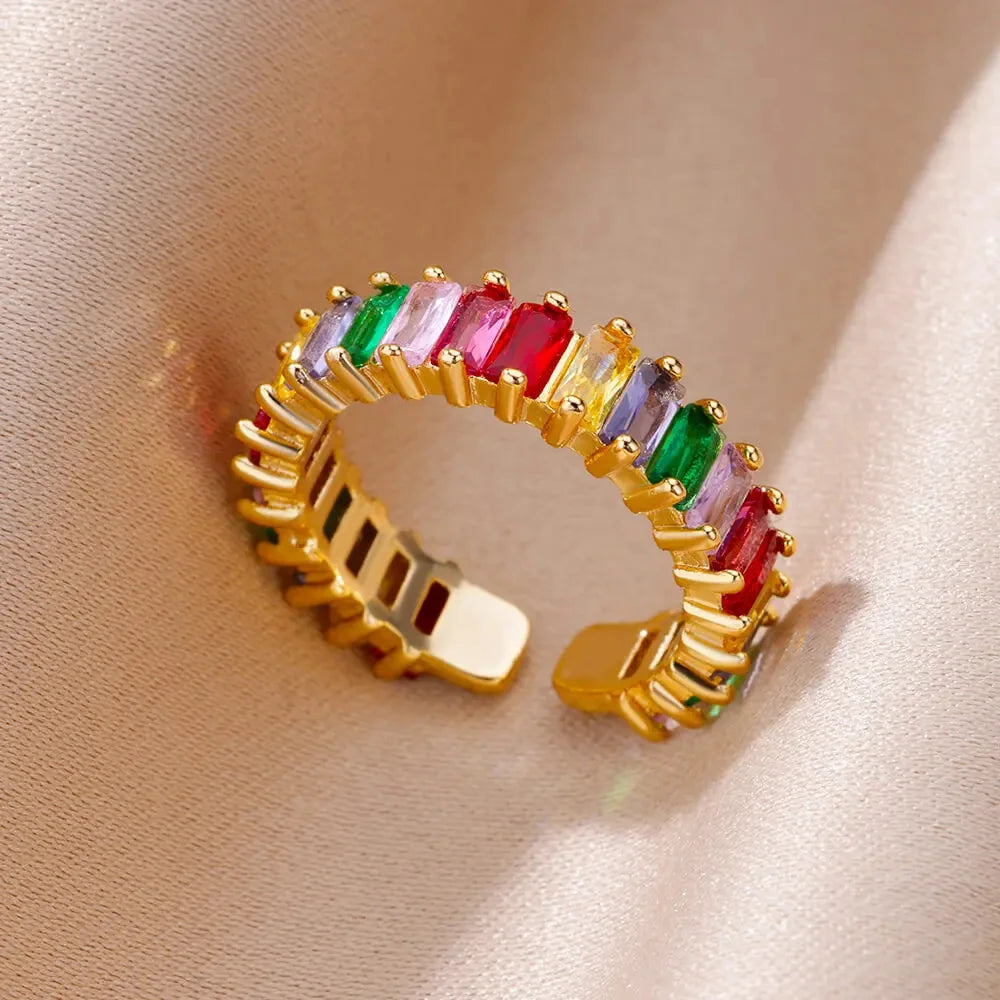 Damen Goldener Offener Ring – Bunter Zirkonia, Vintage Boho Schmuck